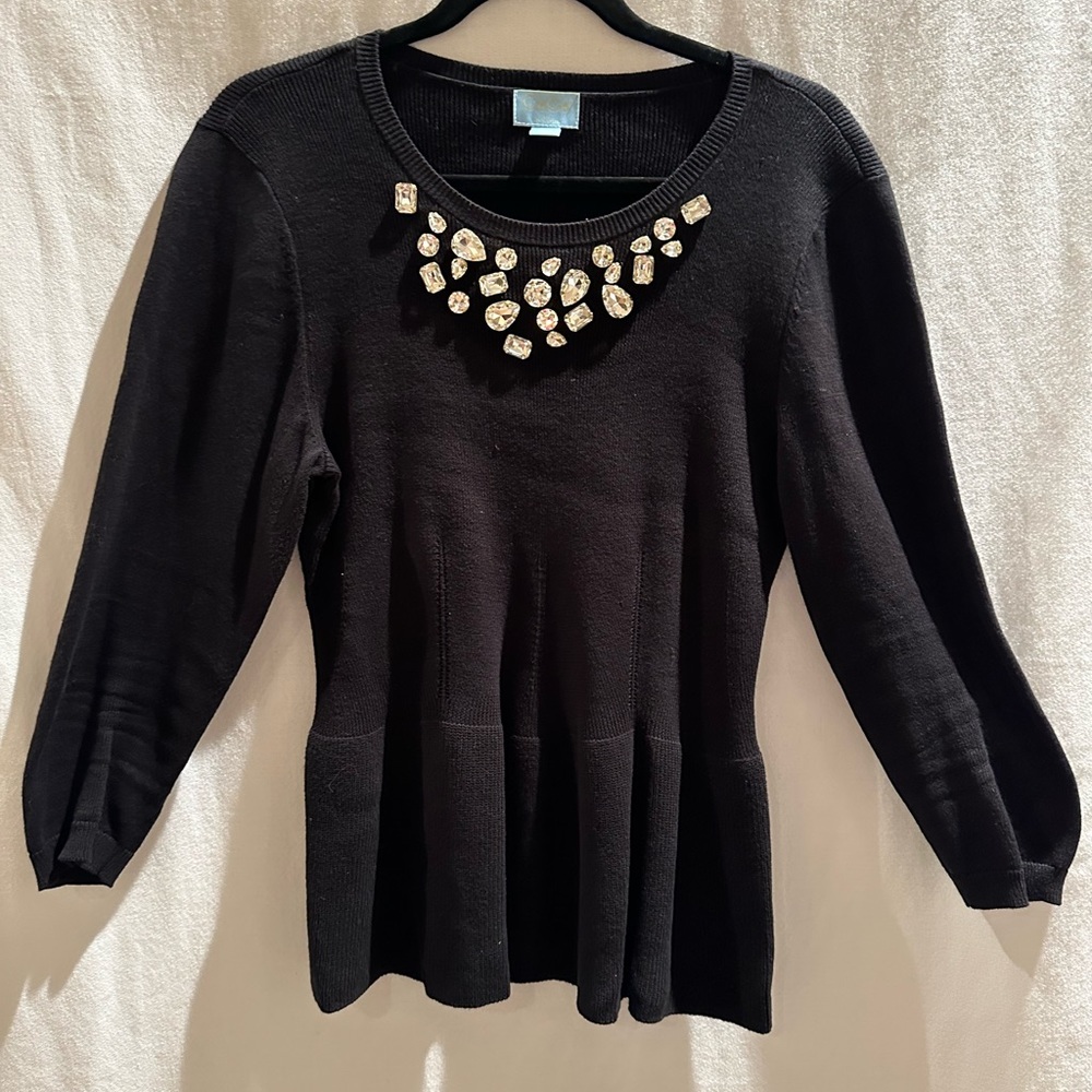 CECE Black Peplum sweater with beaded neckline, size L